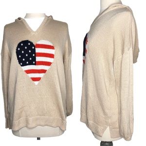 Marled American Flag Heart Graphic Knit Hooded Sweater